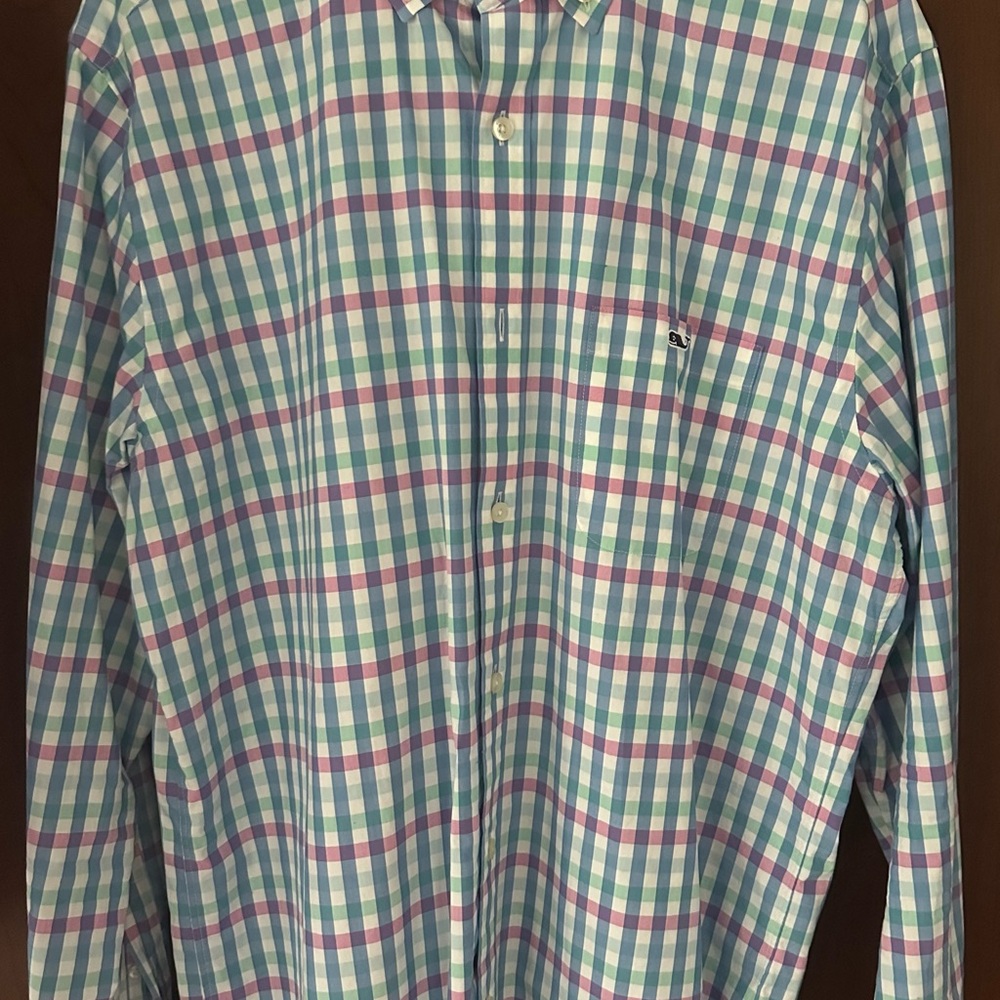 Vineyard Vines Men's Blue and Pink Plaid Shirt